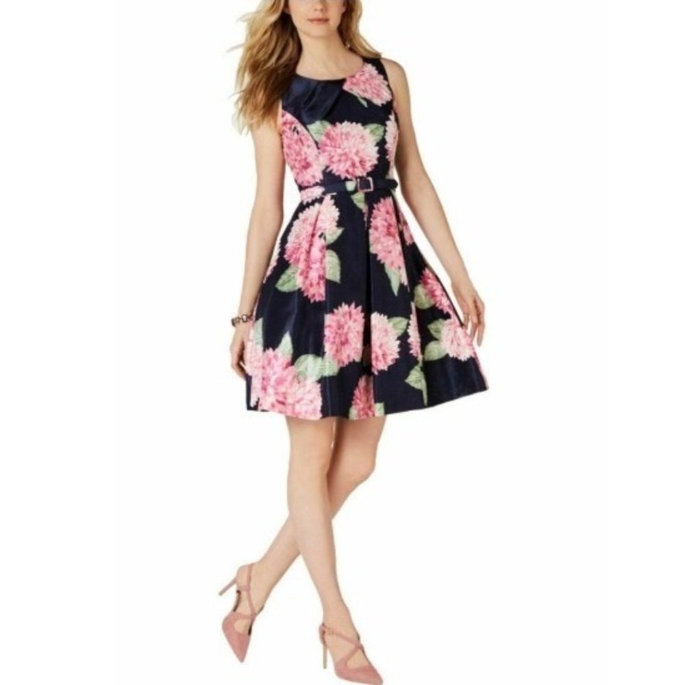 Jessica Howard Floral Fit & Flare Dress Womens 8 Navy Pink Summer Spring Party